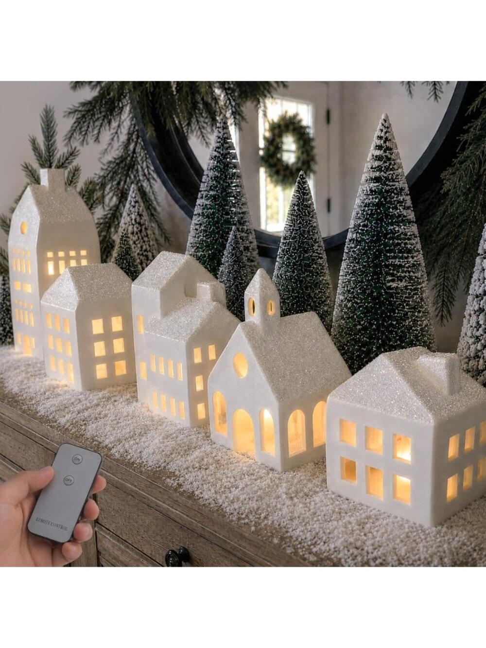 Lighted Ceramic Christmas Village Set - 5 Houses & 9 Trees Holiday Decor